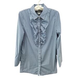 CHICO’S Blue White Striped Ruffle Button Front Career Tunic Top Size 1 (US 8/10)